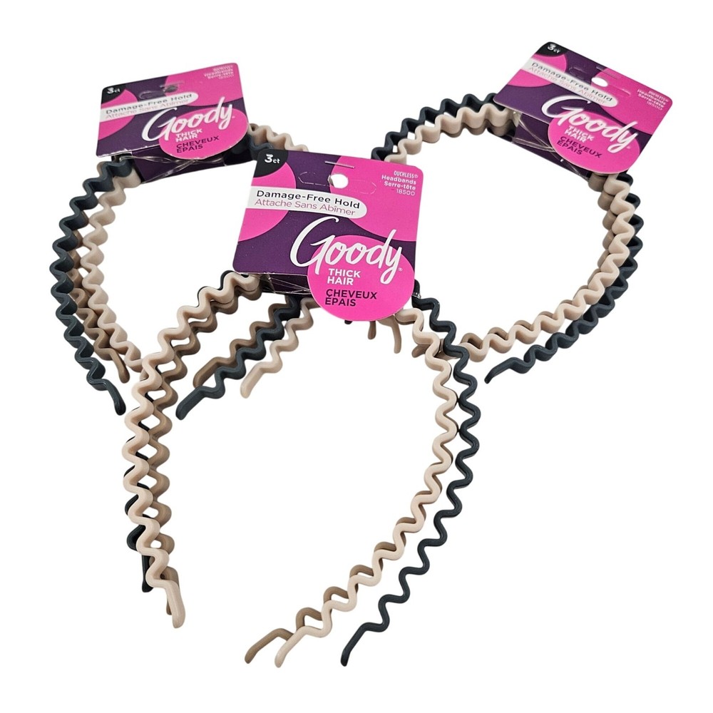 Goody Headbands Set of 3 Pks Zigzag Tan Cream Blue Thick Hair Ouchless 18500 NEW