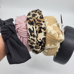 Set of 5 Headbands Black Bow Leopard Straw Faux Leather Knotted 5pc Lot Coquette