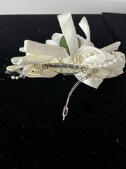 Vintage Small White Ribbon Hair Bow Barrette Updo Clip Faux Pearl & Flower