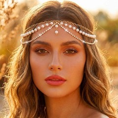 Boho Pearl Head Chain Jewelry Gold Headpiece Rhinestone Layered Headband Hair…