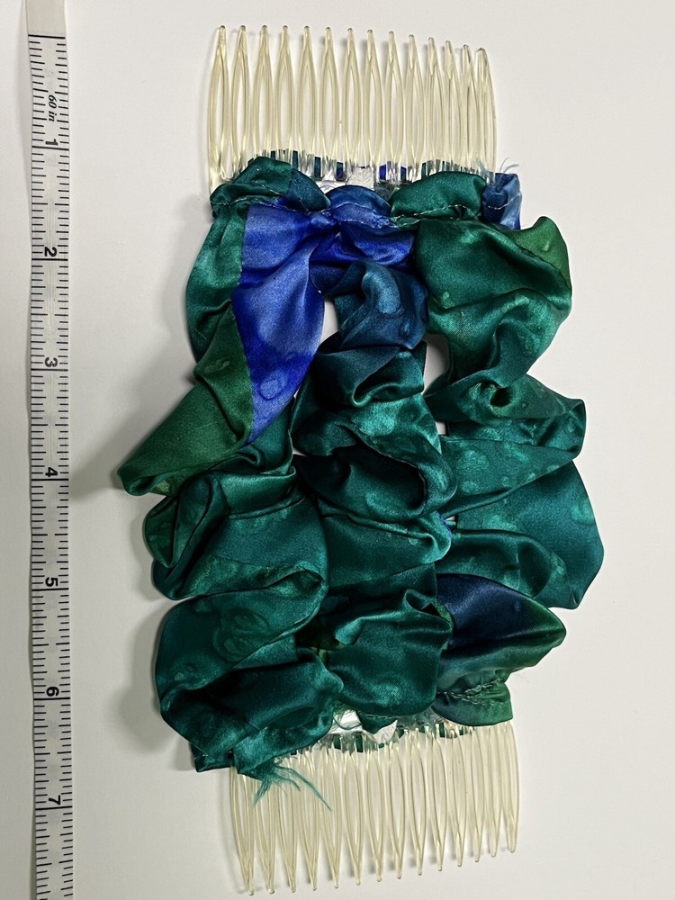 Vintage 80s 90s Big silky green blue Hair Bow plastic comb Ribbon Scarf
