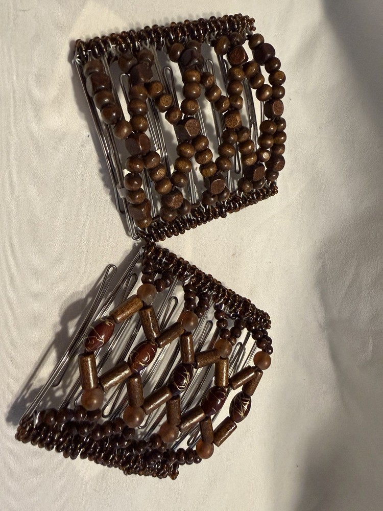 Beaded Brown Wood and Metal Rectangular Hair Comb for Women Geometric Pattern
