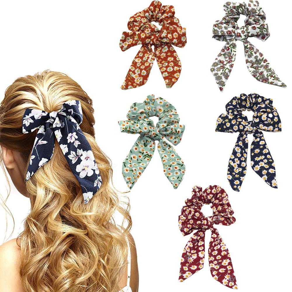 5 PCS Tropical Travel Scrunchy Hair Rope Ties Ribbon Bow Elastics Bands