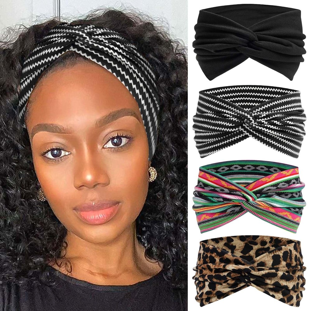 4 Pack Wide Headbands for Women Cute Boho Headband Stripe Knotted Turban Head Ba