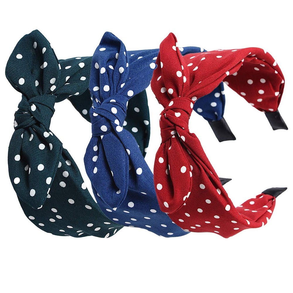 3 Pack Women’s Wide Polka Dots Headwraps Hair Band with Bow Assorted Colors